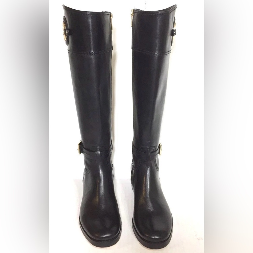 Michael Kors Black Tall Leather Healed Zip Up Boots & Gold Accents Size 8 NWOB - Picture 2 of 13